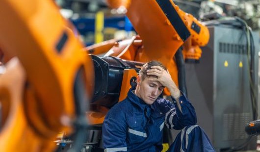 A tired worker sits in front of machinery with his hand on his head