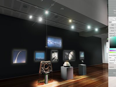 A digital screenshot of a gallery space designed by the Ortelia program