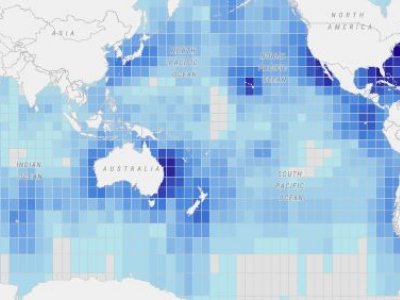 a map of the world with the ocean covered in a grid of blue squares