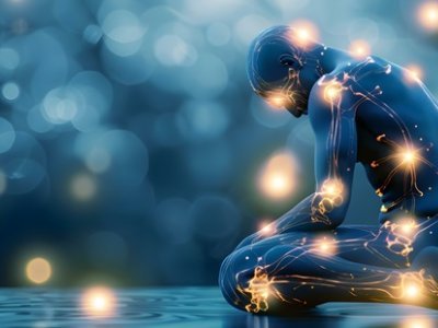 Graphic depicton of a person with fibromyalgia experiencing widespread pain and fatigue depicted as glowing points.