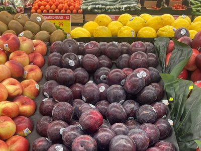 a tray of plums among other fruit in a supermarket