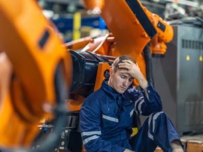 A tired worker sits in front of machinery with his hand on his head