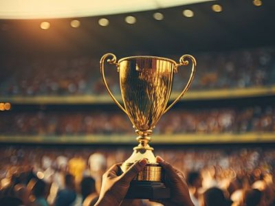 A gold trophy being help un in a stadium. 