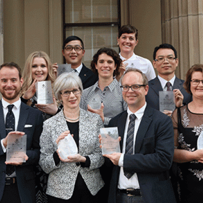 L to R: Joseph Powell, Penelope Sanderson, Ian Hesketh, Linda Worrall, Elizabeth Worrall on behalf of Alice Hayward, Danielle Shanahan on behalf of Richard Fuller, Zhongfan Jia, Bing-Jie Ni, Eve McDonald-Madden