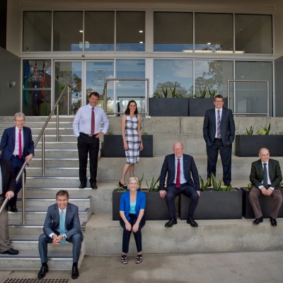 Caption (back, from left): Professor Nicholas Fisk, Mr Stephen Bennett MP, Dr Vanessa Greig, Mr Keith Pitt MP, (front, from left) Councillor Mal Forman, Professor Peter Høj, Ms Leanne Donaldson MP, Mr John Story AO, Professor Darrell Crawford Associate Professor Riitta Partanen. Full titles in body of article.