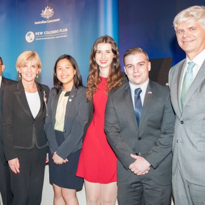 UQ's 2016 New Colombo Plan scholars ... from left, Patrick Walsh, Isaac Bennett, Professor Monique Skidmore, Samuel Bullen, UQ's new Chancellor Peter Varghese, Foreign MInister Julie Bishop, Chloe Yap, Carmen Garratt, Lachlan Kenway and UQ Adjunct Research Professor Ian Kemish.