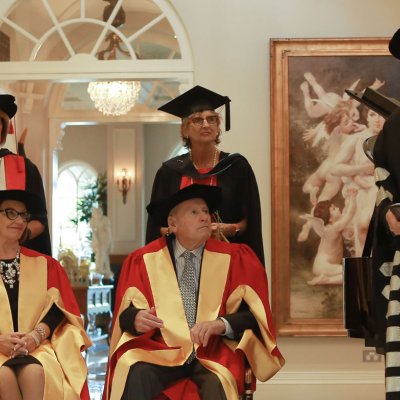 Greg Poche AO and Kay E. Van Norton Poche at their conferral ceremony in Sydney, with Pro-Vice-Chancellor (Indigenous Education) Professor Cindy Shannon (left), Pro-Vice-Chancellor (Advancement) Ms Claire Pullar, and Vice-Chancellor and President Professor Peter Høj.  Photo: Maja Baska 