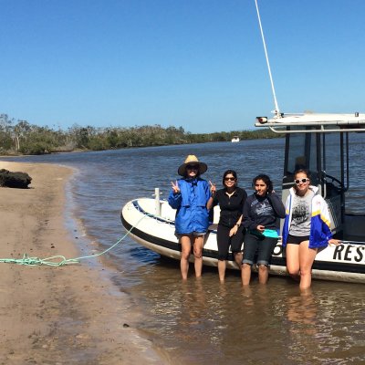 The researchers at work in Moreton Bay