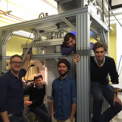 From left: Professor Warwick Bowen with members of the UQ Superfluid Team, PhD student Eric Hexin, postdoc Dr Rachpon Kalra, postdoc Dr Christopher Baker, and PhD student Yauhen Sachkou. 