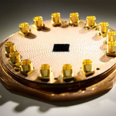 Superconducting quantum circuit used to relay quantum information.  Photograph courtesy Y. Liu, ETH Zurich.