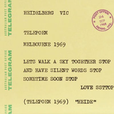 Sweeney Reed (1945–1979), ‘Telepoem’ 1975, screen print, edition 43/45
41 x 51 cm, Heide Museum of Modern Art, Melbourne, Gift of Pamela, Mishka and Danila McIntosh 1990. © Estate of Sweeney Reed.