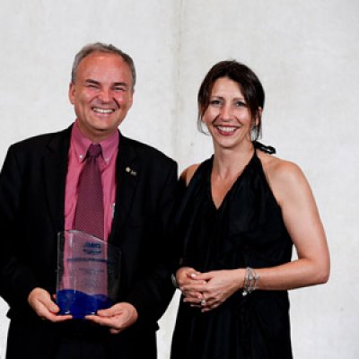 Professor Jurg Keller receiving the Water Professional of the Year award from Australian Water Association CEO, Tom Mollenkopf (Left) and President, Lucia Cade (Right)
