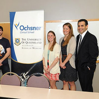 Attending the Match Day celebration are, from left,  Deputy Head of School Dr Richard Deichmann and  Head of School Dr William Pinsky with  graduates Dr Steven Sushinsky, Dr Emily Sineway, and Dr Katherine Weyer, and Deputy Head of School Dr Leonardo Seoane.
