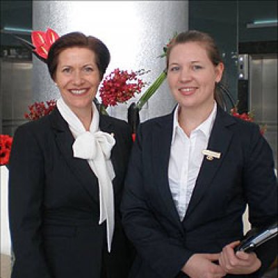 Sofitel Broadbeach General Manager Amery Burleigh with UQ students Stephanie MacKinnon