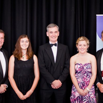 The Hon John McVeigh, Ms Eryn Wrigley, Professor Stephen Walker, Ms Hannah Avery and Professor Ray Collins at a black tie dinner for 20th anniversary celebrations of UQ's Agribusiness and Rural Management program.