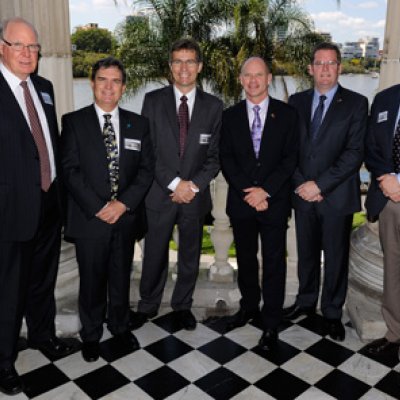 From left, John Story (Chancellor of UQ), Dr Gregory Harper (Director, External Engagement, CSIRO Animal, Food and Health Sciences), Professor Peter Høj (Vice-Chancellor of UQ), Campbell Newman (Premier of Queensland), John McVeigh (Queensland Minister for Agriculture, Fisheries and Forestry) and David Inall (Chief Executive Officer Cattle Council of Australia).