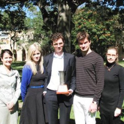 Moot competition winners (from left) Michelle Taylor from UQ team sponsor Norton Rose, Bianca Kabel, Joshua Underwood, Mitchell Beebe, Coach Dr Sarah Derrington, and UQ Law School Director of Mooting Dr Peter Billings.