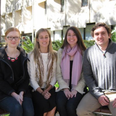 Students from a UQ working group researching human trafficking and migrant smuggling (from left) Jess Swanson, Bethany Holt, Sian Littledale and Jake Williams.