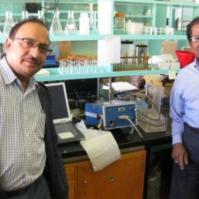 Dr RCN Rachaputi (left) and Dr Chari Kandala (USDA scientist) with the prototype system for measuring nut-in-shell moistures.