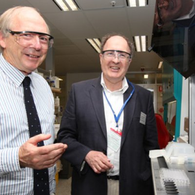 Professor Gray (left) with Sir Greg Winter, the renowned British biochemist who developed the world's first fully human antibody