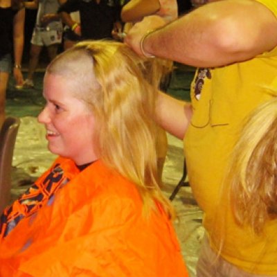 Katie Roberts having her head shaved for a good cause