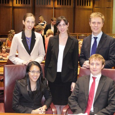 The UQ Jessup Moot Team, from left to right, back row: Courtney Coyne; Annabel Baker; Jules Moxon. Front row: Whitny Kapa; Thomas Galloway.