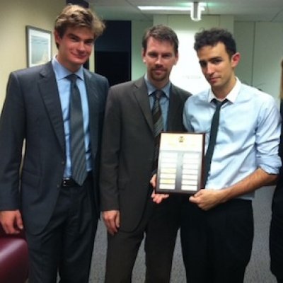 National mooting title holders: from left, Mitchell Beebe, Dr Peter Billings (coach), Abraham O'Neil and Hannah McConnachie.