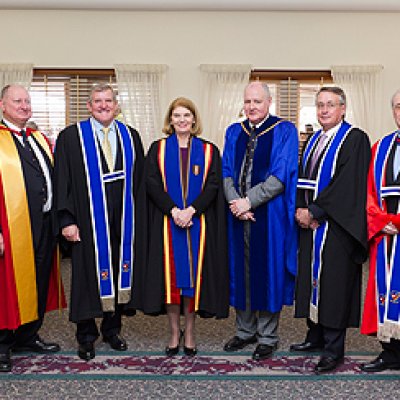 (From left) Emmanuel College Council Deputy Chair John Fenwick, The Hon Ian Mcfarlane MP, the Governor of Queensland Her Excellency Penelope Wensley AC, The Reverend Professor James Haire AM, Deputy Prime Minister and Treasurer The Hon Wayne Swan MP and Emmanuel College Principal Stewart Gill