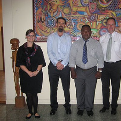 Sarah Teitt (Outreach Director R2P Centre), Dr Morgan Brigg (UQ School of Political Science and International Studies), Deputy Prime Minister Solomon Islands Manasseh Maelanga, Australian High Commissioner to Solomon Islands Matt Anderson