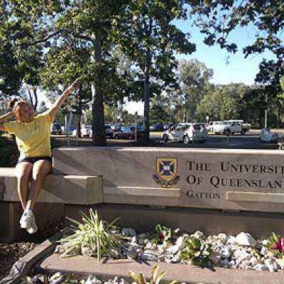 Year 11 student Tiarna Cutmore at the UQ Gatton campus making the arm gesture used throughout the Which Way? It's My Future camp.