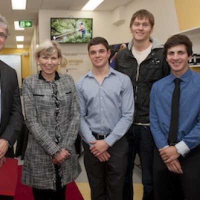 Newcrest HVAC Lab opening: From left, UQ Head of the Division of Mining, Professor Peter Knights, Newcrest’s Executive General Manager People and Communications, Debra Stirling, and Newcrest Scholarship recipients, Declan Scott, Benjamin Poole and Michael Zappala.