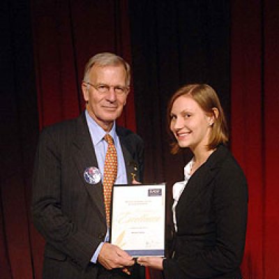 Journalism student Melody Pedler receives her award from John B Fairfax