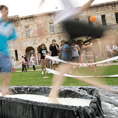 The Demo Troupe help students walk on water during O-Week celebrations