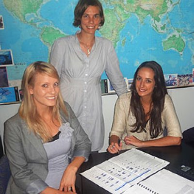 UQ students Rebecca Upton and Eva Kiriakoff (left and centre) with Uniquest's Suzanne Brangwin and Mel Dunn