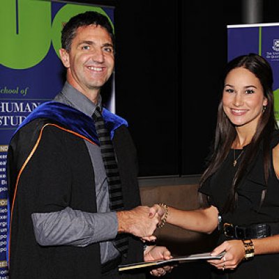 Professor Jeff Coombes and student prize recipient Vanessa Cavallaro at the awards night