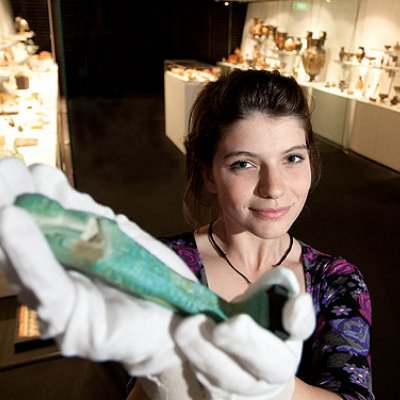 Classics and ancient history student Jessica Dowdell in the new temporary home for the UQ Antiquities Museum