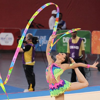 UQ rhythmic gymnast Danielle Prince on her way to gold at the Delhi Commonwealth Games. Image courtesy John Holmes