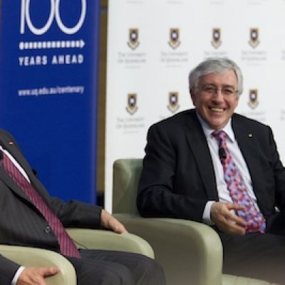 Dow Chair and CEO, Dr Andrew Liveris, and UQ Vice-Chancellor, Professor Paul Greenfield, take questions from the audience at the UQ Centenary Oration.