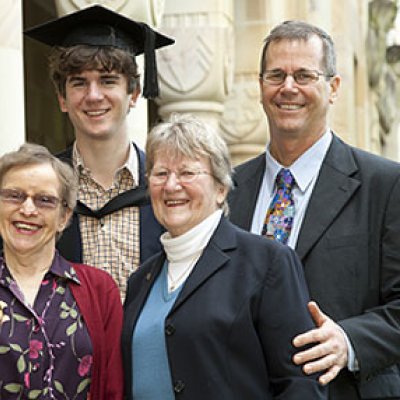 Three generations of UQ graduates: Joshua Keyes-Liley, who received his BA yesterday, with his parents Mary Keyes and William Liley, and grandmothers Lynette Keyes (left) and Margaret Liley.