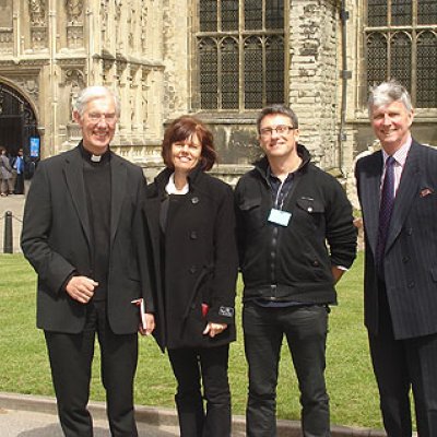 UQ researchers Dr Karen Hughes and Nigel Bond with Dr Robert Willis (left) and receiver general Brigadier John Meardon (right) at Canterbury Cathedral