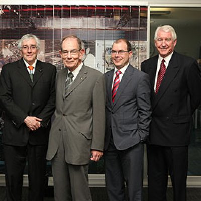 Professor Chris Moran, Vice-Chancellor Professor Paul Greenfield, Emeritus Professor Alban Lynch, Treasurer Andrew Fraser and Dr Geoff Gault at the opening