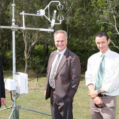 Parliamentary Secretary for Innovation and Industry Richard Marles, TERN Board Chair Andrew Campbell and TERN Director Professor Stuart Phinn, launching TERN under a flux tower at TERN’s research site in Samford Valley, Brisbane.