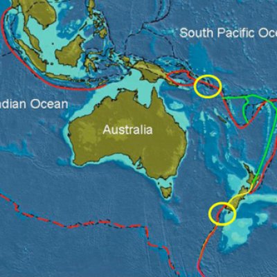 Image of Australian tectonic boundary (red line). The two area's circled are hypothetical hot-spots which if a earthquake occurred at could cause a tsunami that would threaten the Australian east coast.