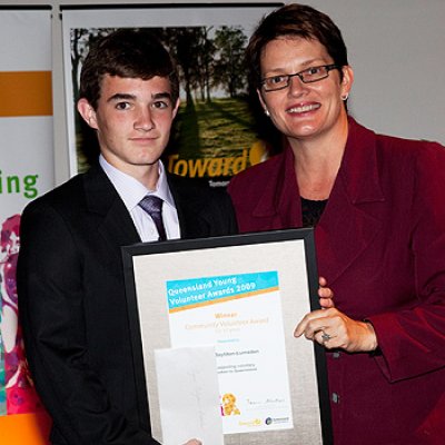 Ryan Bayldon-lumsden accepting his Qld Young Volunteer Award from Minister for Community Services and Housing Karen Struthers.Photo courtesy of the Office for Volunteering, Strategic Partnerships, Department of Communities
