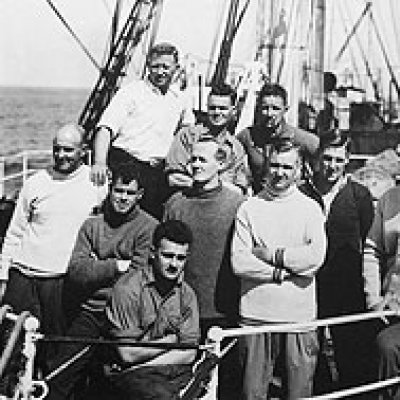 Dr Alf Howard (front, foreground) and members of the 1929-31 Mawson expedition to Antarctica.  Sir Douglas Mawson is pictured front right, in a light-coloured cap.