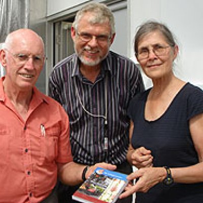 CNF Board Chairman Dr Dave Simons with CNF Director Professor Daryl Joyce and Dr Aila Keto with the new CD-ROM