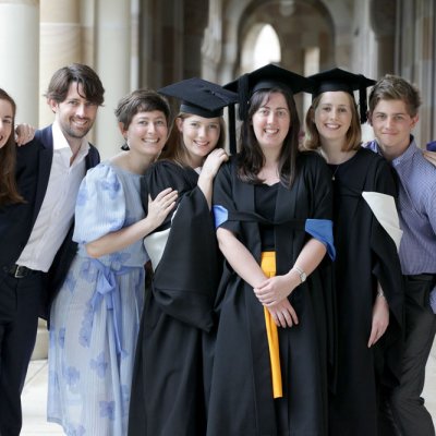 The McEniery siblings, including December’s three UQ graduates, are (from left): Rebecca (28), Ben (36), Jo (30), Belinda (20), Clare (26), Catherine (24), Dan (16) and Natasha (32).