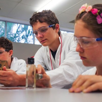 Nicholas Plant from Mansfield State High School, Bailey Appleton from Everton Park State High School and Mikaela Hourigan - James Nash State High School (Gympie) explore the breadth and depth of science on offer at UQ.