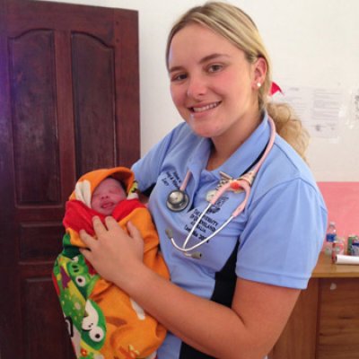 School of Nursing and Midwifery student Lucy Finlay helped deliver a baby in a Cambodian health clinic.