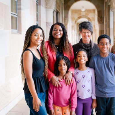 One of the donors, Margaret Robertson with Barbra Zaloumis and her five children.